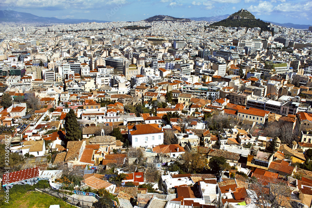 Greece, Athens city view, with Lycabettus hill in the background.