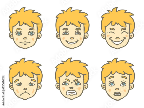Boy with bright hair. Face expression set