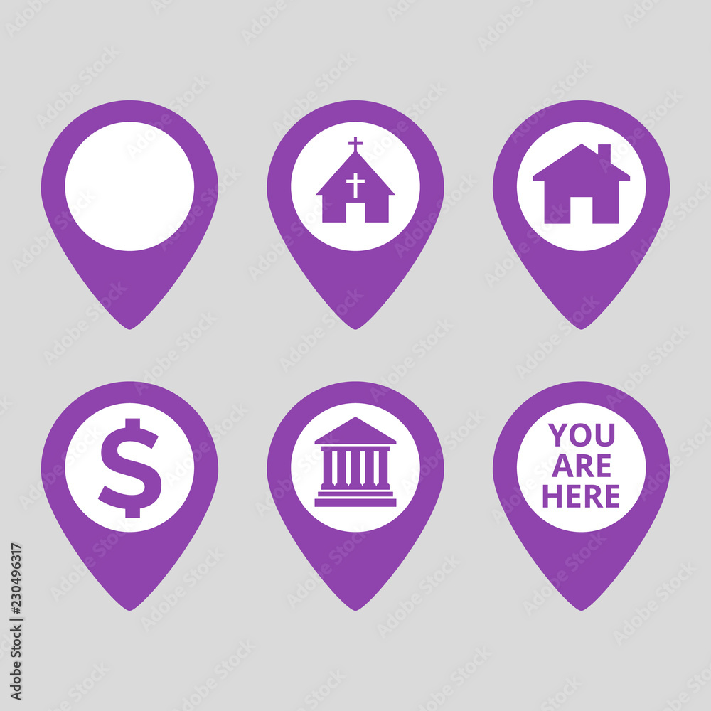 Map pin location icons set on gray background. Map pin location icons set on gray background.
