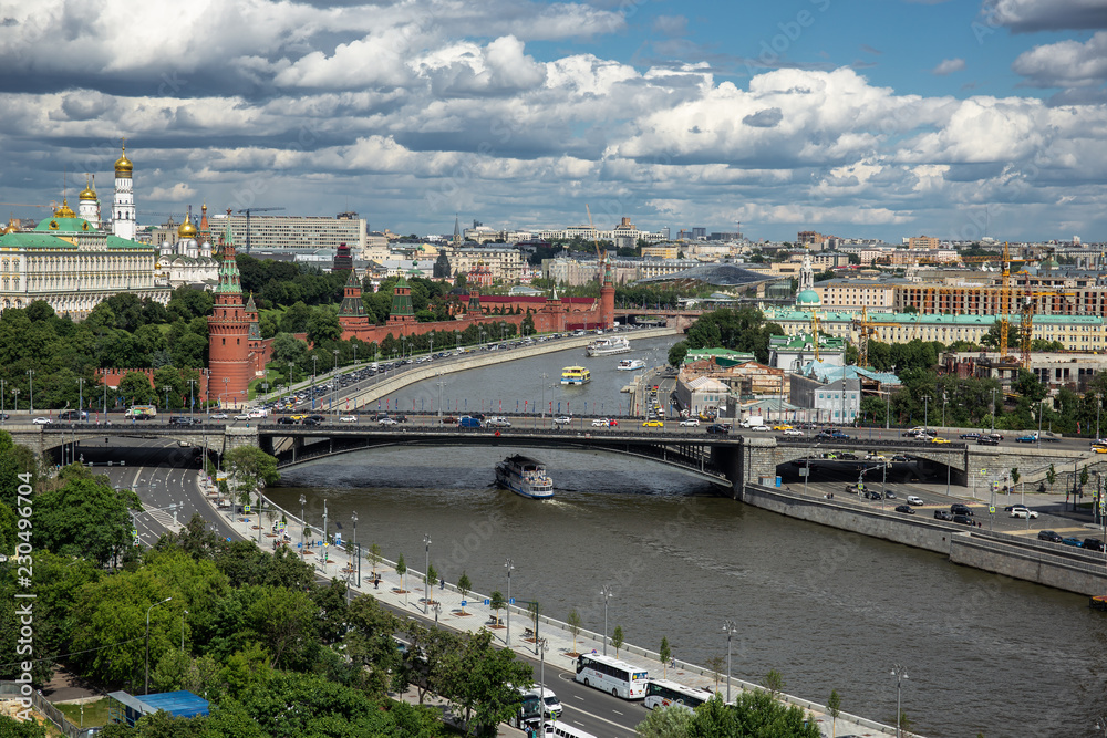Panoramic top view of the Moscow river and the Kremlin
