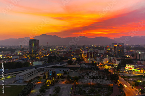 Aerial Scenery at Ipoh City,Malaysia.Soft focus,blur due to long exposure.visible noise due to high ISO.