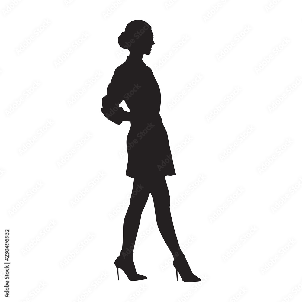 Businesswoman walking in high heels shoes and mini skirt, side view, isolated vector silhouette. Business people, model