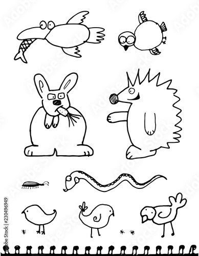 Hand drawn doodle odd strange funny animals isolated