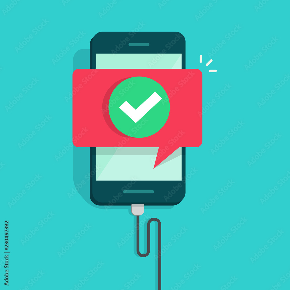 Mobile phone connected wire charger vector illustration, flat cartoon smartphone with checkmark or tick with success cable connection, concept of update done, accept complete icon Mobile phone connected wire charger vector illustration, flat cartoon smartphone with checkmark or tick with success cable connection, concept of update done, accept complete icon