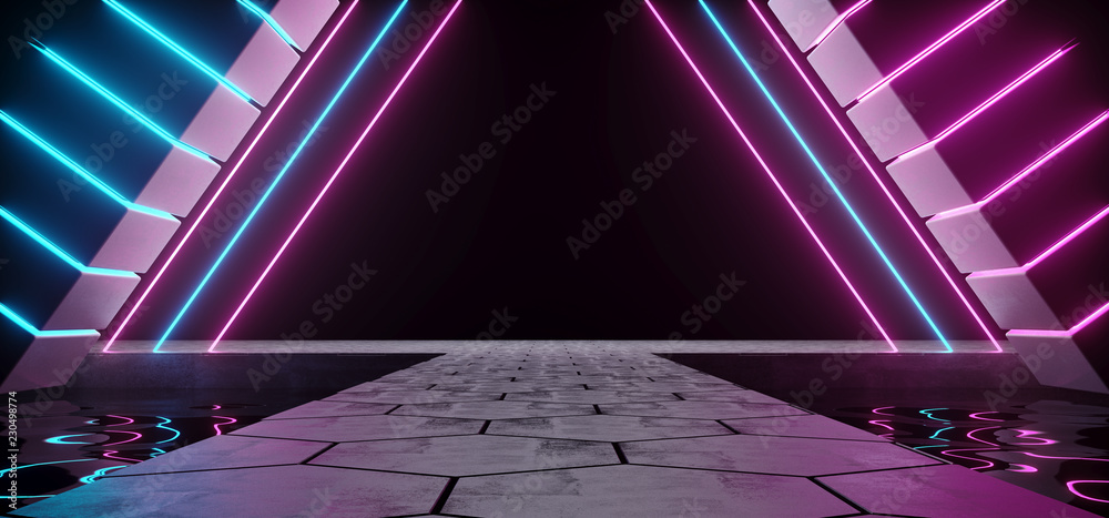 Naklejka Modern Futuristic Dark Empty Alien Ship Concrete Room With Water Inside And Hexagonal Floor With Triangle Shaped Purple And Blue Neon Glowing Lights Background 3D Rendering