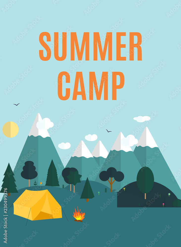 Naklejka premium Summer Camping Nature Background in Modern Flat Style with Sample Text