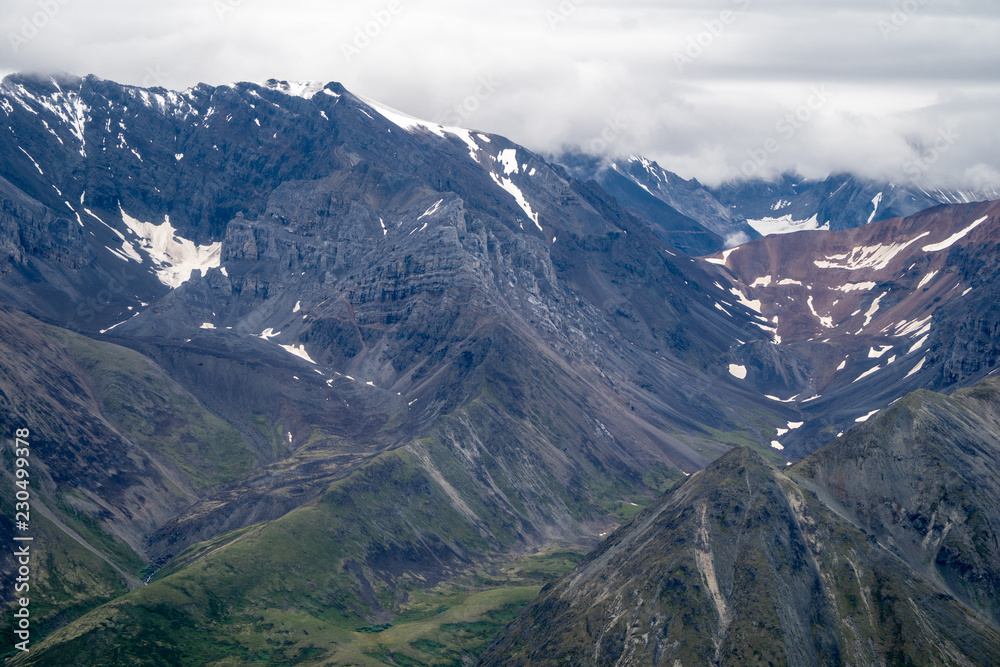 Aerial view - rugged remote wilderness and mountains of Wrangell St Elias National Park in Alaska