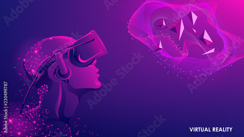 The virtual reality. Modern innovative technology. The man in the headset vr. Abstract vector image. Floating blue plexus geometric background. Polygonal mesh and blend.