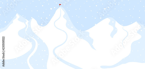 Winter mountain view, ski resort vacation. Winter outdoor holiday activity sport in alps, landscape with winter mountain view. Template for ski resort flyer advertising. Web banner background