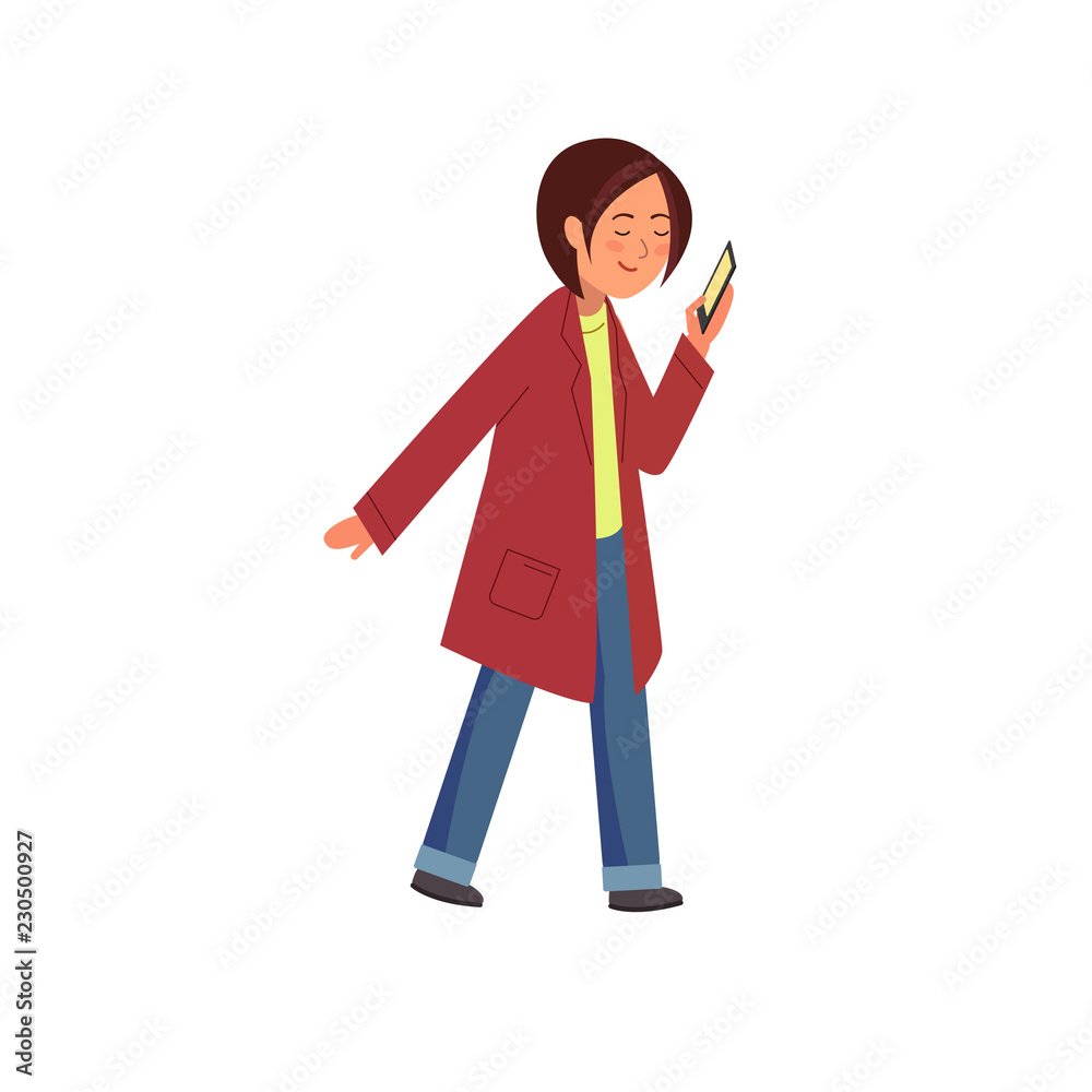 Vector illustration. A young woman in a cloak holding a smartphone. Young female on the move talking on the phone. Vector illustration. A young woman in a cloak holding a smartphone. Young female on the move talking on the phone.