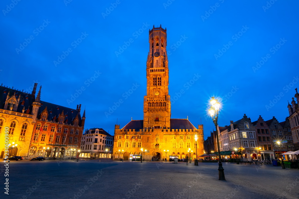 Belfort tower on Market square at night, Bruges, Belgium