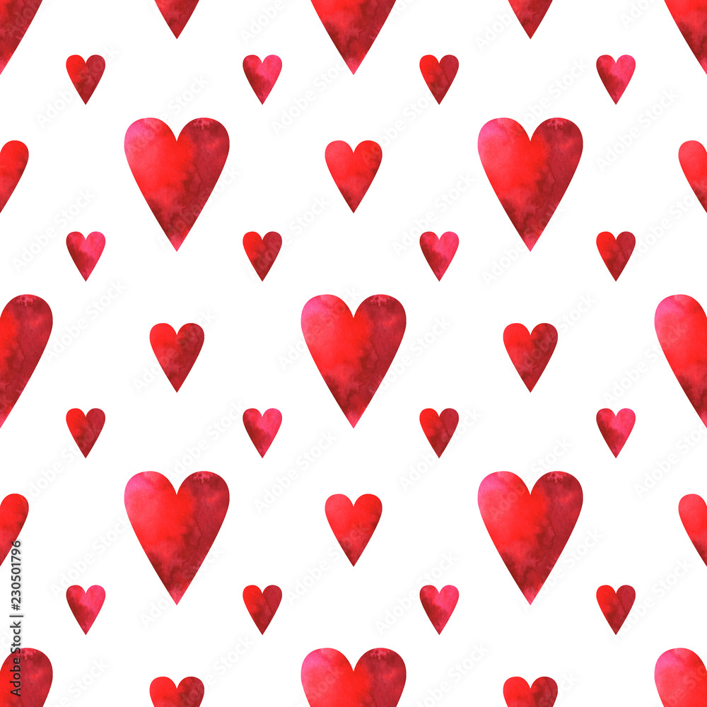 Hand painted seamless pattern with watercolor red hearts isolated on white background. Can be used in Valentines day design, posters, invitations, cards
