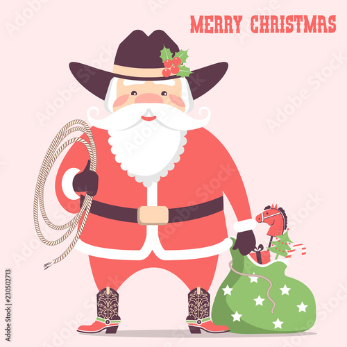 Cowboy Santa claus with western hat and holiday gifts .Vector christmas card illustration