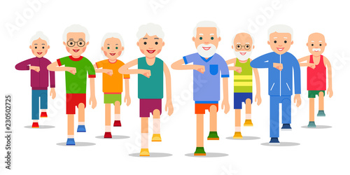 Crowd of older, active people go. Adult men and women perform exercise static walking. Physical exercises, training, workout, sport, healthy lifestyle. Flat style illustration