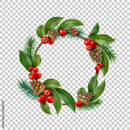 Vector christmas wreath with berry, cone leaves