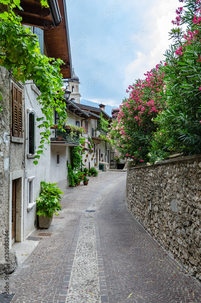 Fototapeta premium Narrow street with cobblestones and beautiful flowers in Limone, Garda Lake, Italy