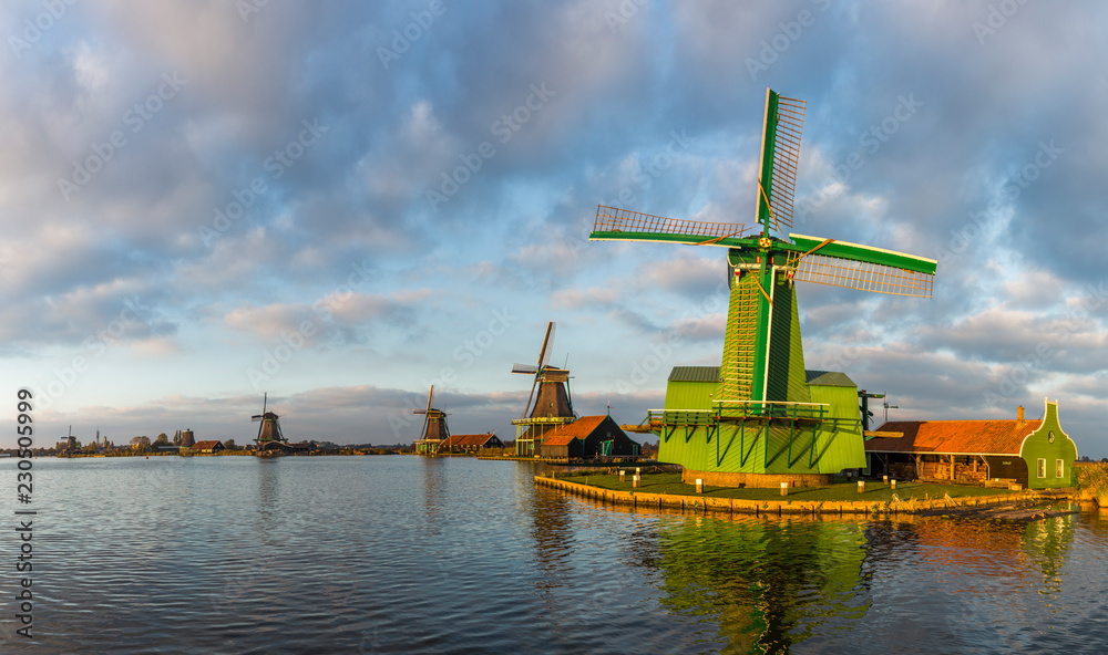 Well-preserved historic windmills in Zaanse Schans near Zaandam