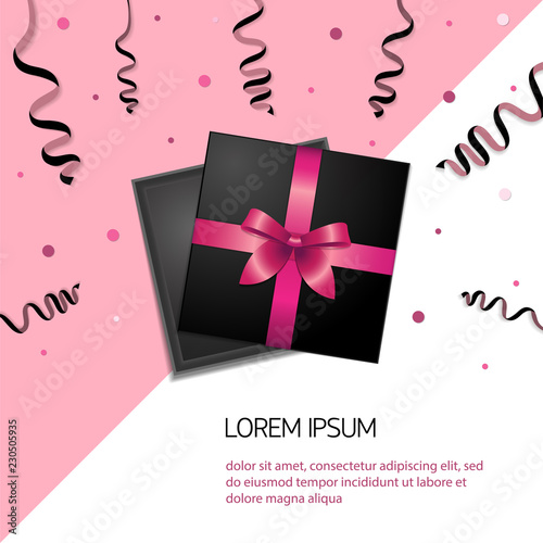 Gift box Vector illustration Top view Black gift box with bright pink ribbon and stylish serpentine are lying on a two-tone background Design template for banners in realistic style