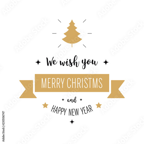 Merry christmas greeting text banner ornaments tree gold white background