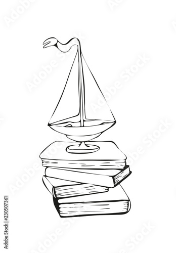 A stack of books and a toy boat, yacht, sailboat, on white background. Illustration reading books allows you to travel and fantasize.