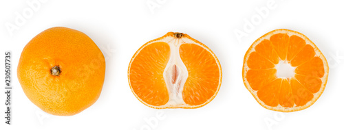 Ripe tangerine and two halves on a white. Isolated.
