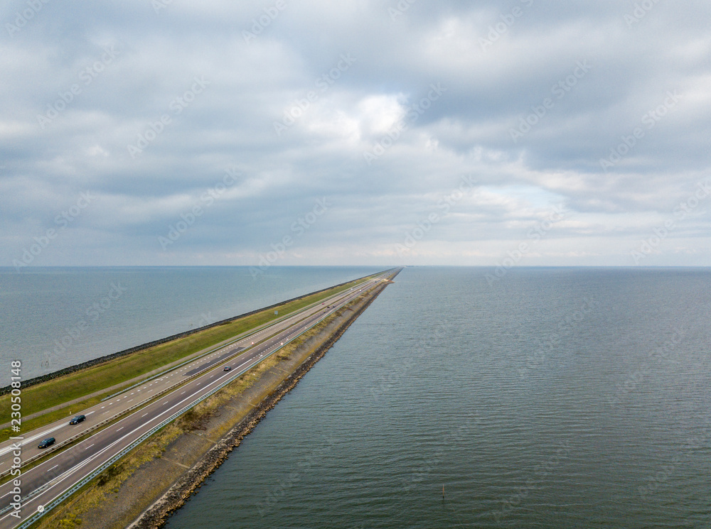 Aerial view of the flood protection dam Afsluitdijk