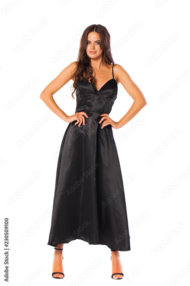 Full body, Young beautiful brunette woman in long black dress