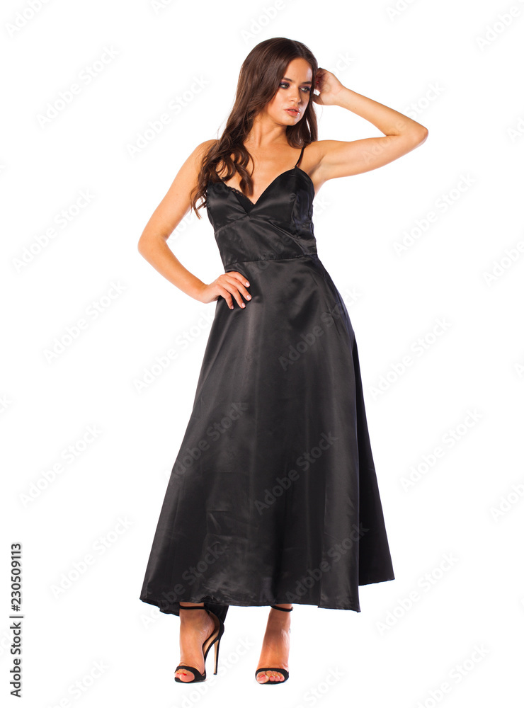 Full body, Young beautiful brunette woman in long black dress Full body, Young beautiful brunette woman in long black dress