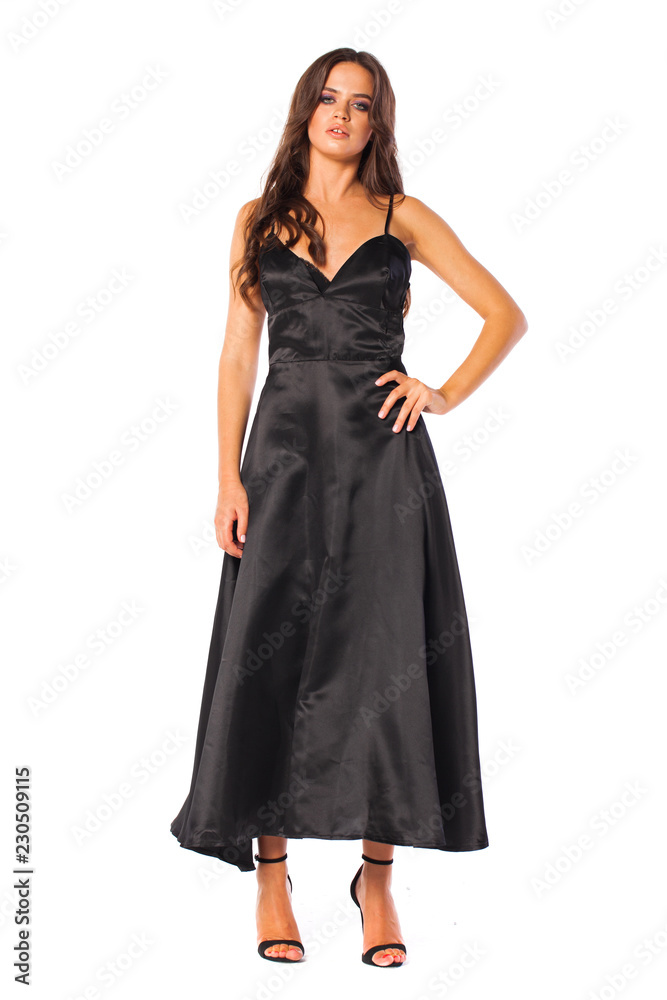 Full body, Young beautiful brunette woman in long black dress