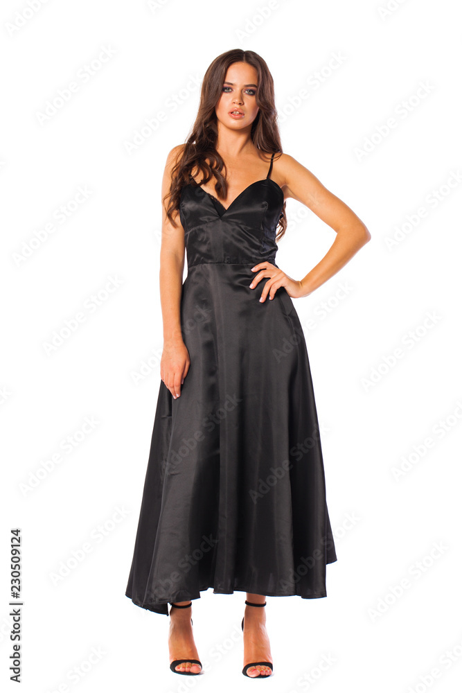 Full body, Young beautiful brunette woman in long black dress