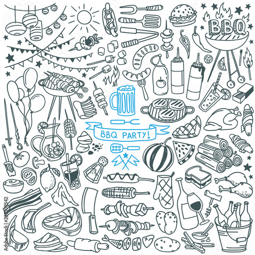 Barbecue party doodle set. Food, drinks, ingredients and decoration elements. Hand drawn vector illustration isolated on white background