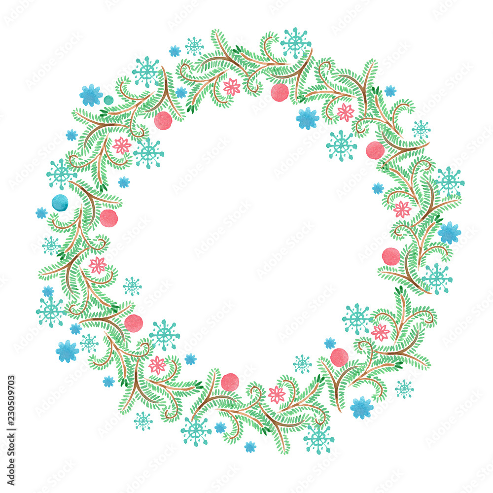 Fancy Christmas wreath with decorative balls, pine tree branches and cones. watercolor hand drawn illustration. Fancy Christmas wreath with decorative balls, pine tree branches and cones. watercolor hand drawn illustration.