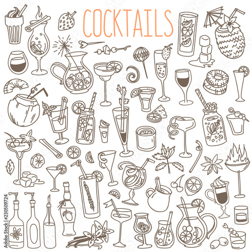 Cocktails and party drinks doodles set. Hand drawn vector illustration isolated on white background