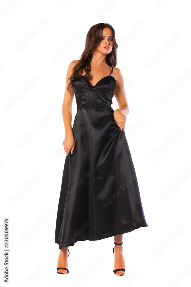 Full body, Young beautiful brunette woman in long black dress