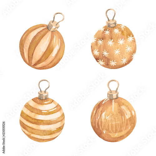 Vintage golden set of christmas balls with strips, snowflakes and strokes on white background. Christmas tree decorations.