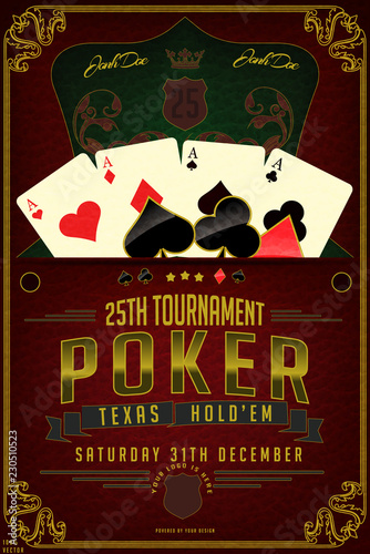 Poker night tournament Vector Party Flyer design on a Casino theme with playing cards, ornament, and typographic text on leather texture background. Eps 10 illustration.