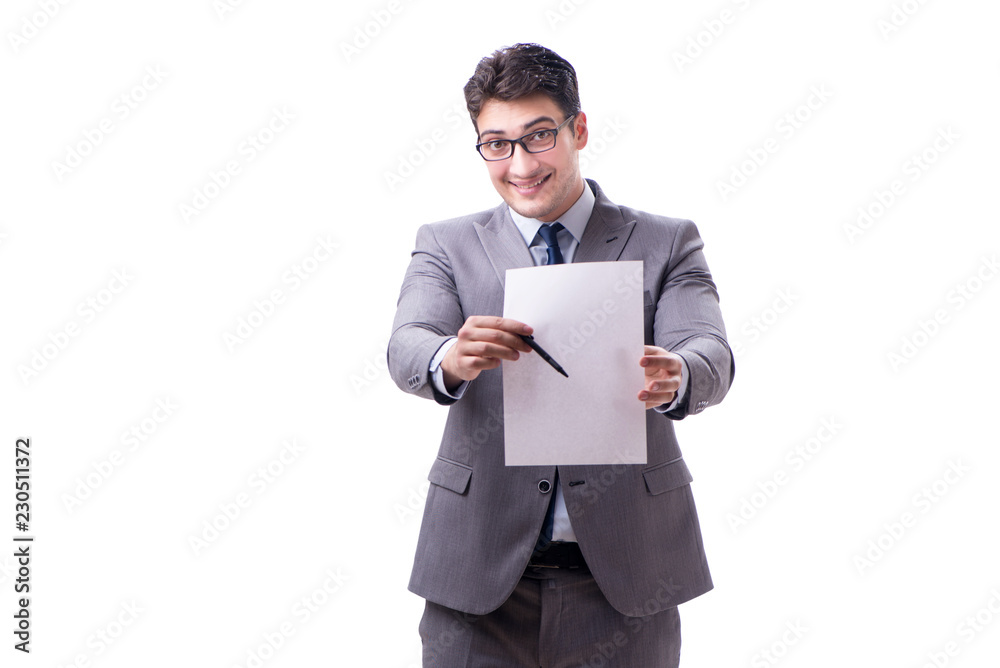 Businessman with blank message isolated on white Businessman with blank message isolated on white