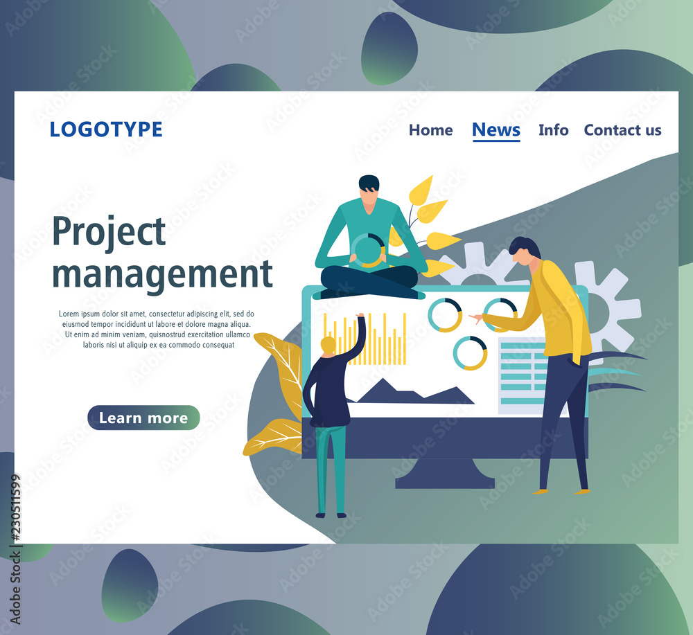 Web page design templates for project management, business communication, workflow and consulting. Landing page shows of some business, working and processing of the data by employees in the office