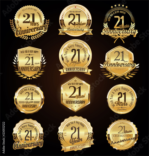 Retro vintage anniversary golden badges and labels collection