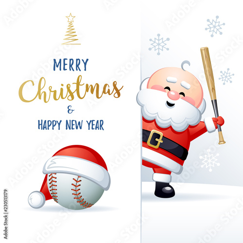 Merry Christmas and Happy New Year. Sports greeting card. Cute Santa Claus with Baseball ball and Baseball bat. Vector illustration.