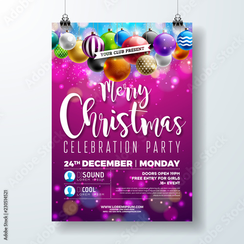 Merry Christmas Party Flyer Design with Holiday Typography Lettering and Multicolor Ornamental Balls on Shiny Background. Vector Celebration Poster Illustration Template for Invitation or Banner.