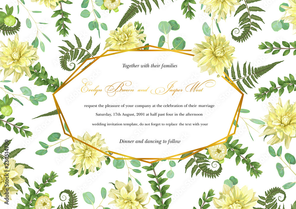 Vector polygonal gold frame with leaves of a forest fern, boxwood, flowers of yellow dahlia and eucalyptus branches on a white background. Suitable for wedding invitations