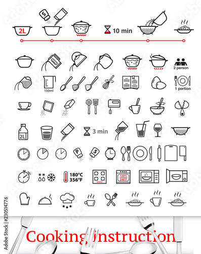 Cooking and preparation instructions. Set of sign for detailed guideline. Vector elements on a white background. Ready for your design.