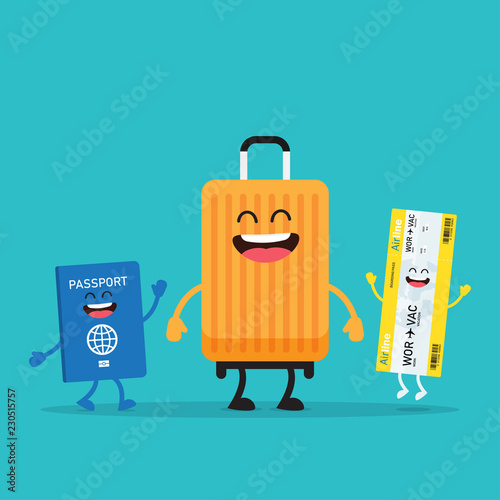 Travelling. Suitcase and passport characters