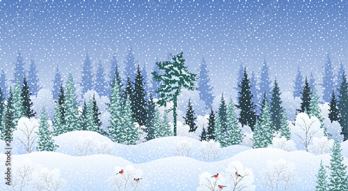 Winter landscape with snowy forest and birds, vector illustration.