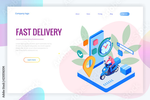 Isometric Fast and Free Delivery by Man Ride Scooter concept. Food service. Website Banner, vector illustration