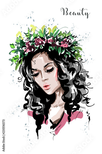 Hand drawn beautiful forest girl in flower wreath. Young woman looks like a nymph dryad. Fashion woman portrait. Sketch.