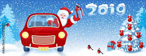Christmas card with Santa Claus in red retro car with gift box against winter forest background and moon sky