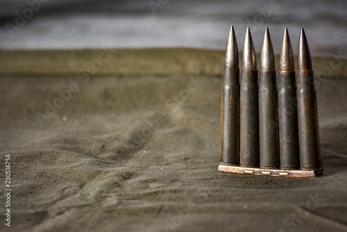 Holder with cartridges 7,92 x 57 - rustic ammos and poncho lies on the wooden background