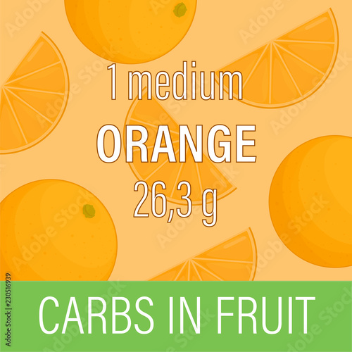 Carbs in fruit. Orange. Card for nutritionist. Designation of the amount of carbohydrates in grams. Vector